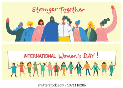 Stronger together. Feminine concept and woman empowerment design for banners and posters in flat modern design 