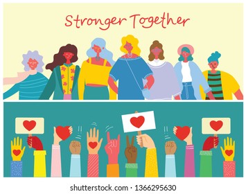 Stronger together illustration set. Feminine concept and woman empowerment design for banners, posters in the flat design