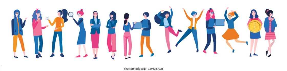 Stronger together. Woman in tech, Happy women or girls standing together , girls, power, strong, strength, feminism Feminine, woman empowerment, vector illustration. Queue