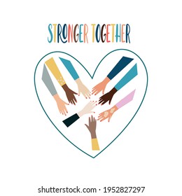 Stronger together. Women's hands of different ethnic groups, as well as albino women and women with vitiligo create a heart shape. The heart shape reflects the unity, peace and love.