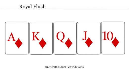 The strongest hand in poker. It consists of five cards of the same suit from ten to ace. Royal Flush. Vector illustration.