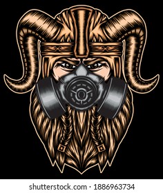 Strongest viking with gas mask. Premium vector