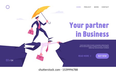 Strongest will Survive Concept Website Landing Page. Business Man with Umbrella Running over Abyss by Head of Colleague, Businessman Crisis Insurance Web Page Banner. Cartoon Flat Vector Illustration