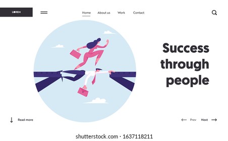 Strongest Will Survive Website Landing Page. Businesswoman Walk on Head of Colleague. Business Woman Overcome Abyss by Back of Man like Bridge Cartoon Web Page Banner. Cartoon Flat Vector Illustration