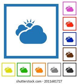 Clima muy nublado iconos de color plano en marcos cuadrados sobre fondo blanco