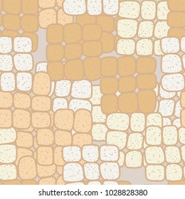 Strongly rounded quadrangles in groups of 9 pieces form a chaotic checkered pattern. Seamless texture. Very fashionable.
