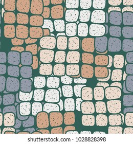 Strongly rounded quadrangles in groups of 9 pieces form a chaotic checkered pattern. Seamless texture. Very fashionable.