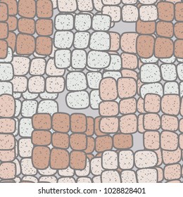 Strongly rounded quadrangles in groups of 9 pieces form a chaotic checkered pattern. Seamless texture. Very fashionable.