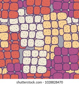 Strongly rounded quadrangles in groups of 9 pieces form a chaotic checkered pattern. Seamless texture. Very fashionable.