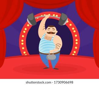 Strongman with Barbell in his Hand Performingon Stage at Circus Carnival Show Vector Illustration