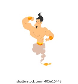 Strongman Genie Isolated Flat Vector Illustration In Childish Cartoon Manner On White Background