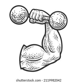 Strongman hand arm with dumbbell sketch engraving vector illustration. T-shirt apparel print design. Scratch board imitation. Black and white hand drawn image.