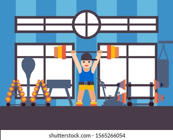 Strongman lifting barbell in gym, vector illustration. Simple flat style scene, heavy weight workout. Cartoon character training in fitness studio, gym equipment interior, man exercises in sport club