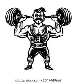 Strongman lifting heavy barbell, vintage style illustration