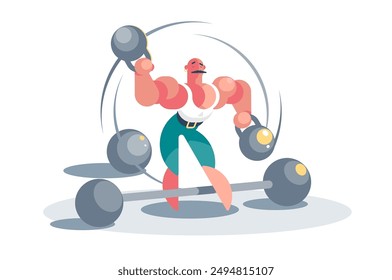 Strongman Levantando Pesas. Ilustración vectorial de hombre musculoso levantando pesos pesados y kettlebells, mostrando fuerza.