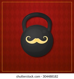 Strongman logo, picture design weight with the image of the mustache, circus artist, vector illustration on vintage background