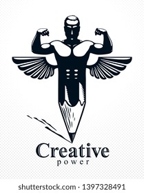Strongman muscle man combined with pencil and wings into a symbol, strong design concept, creative power allegory, vector perfect classic style logo or icon.