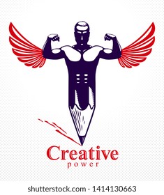Strongman muscle man combined with pencil and wings into a symbol, strong design concept, creative power allegory, vector perfect classic style logo or icon.