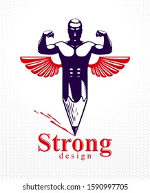 Strongman muscle man combined with pencil and wings into a symbol, strong design concept, creative power allegory, vector perfect classic style logo or icon.