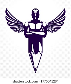 Strongman muscle man combined with pencil and wings into a symbol, strong design concept, creative power allegory, vector perfect classic style logo or icon.