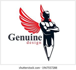 Strongman muscle man combined with pencil and wings into a symbol, strong design concept, creative power allegory, vector perfect classic style logo or icon.