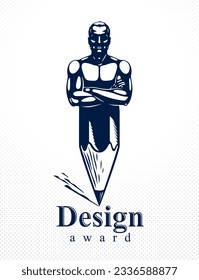 Strongman muscle man combined with pencil into a symbol, strong design concept, creative power allegory, vector perfect classic style logo or icon.