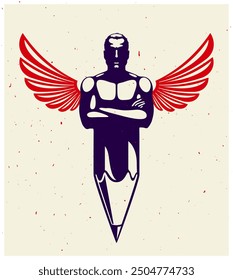 Strongman muscle man combined with pencil and wings into a symbol, strong design concept, creative power allegory, vector perfect classic style logo or icon.