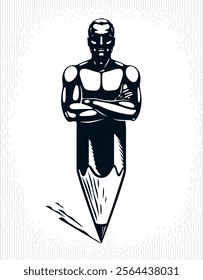 Strongman muscle man combined with pencil into a symbol, strong design concept, creative power allegory, vector perfect classic style logo or icon.