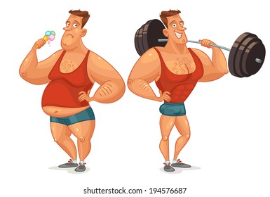 Strongman shakes biceps, lifting large barbell. Fat man eating ice cream. Comparative analysis of lifestyle. Useful and harmful habits. Funny cartoon character. Vector illustration.