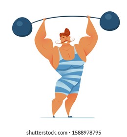 Strongman In A Striped Suit With A Barbell In His Hands. Circus Performance. Vector Illustration Of A Smiling Healthy Athlete.