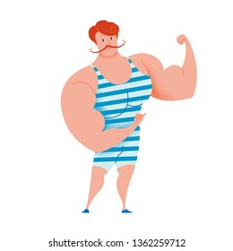 Strongman In A Striped Suit. Circus Performance. Vector Illustration Of A Smiling Athlete.