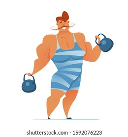 Strongman In A Striped Suit With A Kettlebells In His Hands. Circus Performance. Vector Illustration Of A Smiling Healthy Athlete.