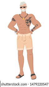 Strongman vector, isolated old man with tattoo and necklace male wearing sunglasses. Senior person flat style character weightlifter muscle personage