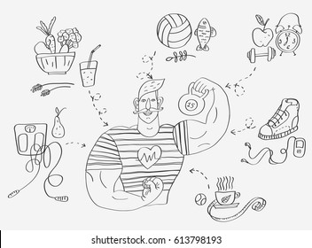 Strongman weight lifter holding weights hand drawn illustration