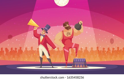 Strongman with weight piece and show presenter at circus cartoon vector illustration