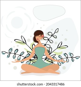 Strong-willed woman in the lotus position is engaged in yoga. An elegant lady is meditating. The concept of concentration, control over the life situation. Vector illustration with speech bubble.