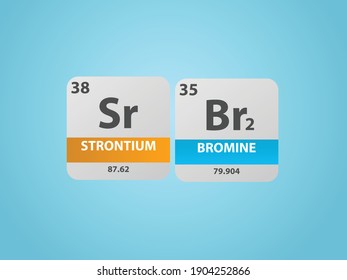 Strontium Bromide SrBr2 molecule. Simple molecular formula consisting of Strontium, Bromine elements. Chemical compound simplified structure on blue background, for chemistry education 