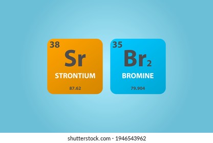 Strontium Bromide SrBr2 molecule. Simple molecular formula consisting of Strontium, Bromine,  elements. Chemical compound simplified structure on blue background, for chemistry education

