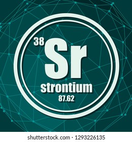 Strontium chemical element. Sign with atomic number and atomic weight. Chemical element of periodic table. Molecule And Communication Background. Connected lines with dots.