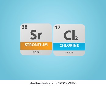 Strontium Chloride SrCl2 molecule. Simple molecular formula consisting of Strontium, Chlorine elements. Chemical compound simplified structure on blue background, for chemistry education 
