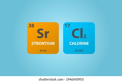 Strontium Chloride SrCl2 molecule. Simple molecular formula consisting of Strontium, Chlorine,  elements. Chemical compound simplified structure on blue background, for chemistry education
