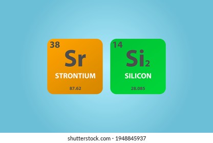 Strontium Disilicide SrSi2 molecule. Simple molecular formula consisting of Strontium, Silicon,  elements. Chemical compound simplified structure on blue background, for chemistry education
