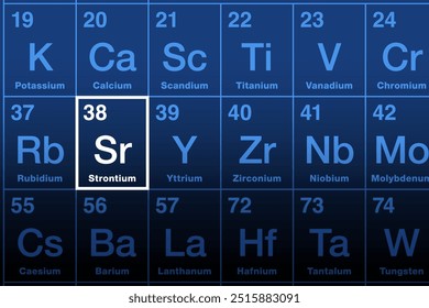 Strontium element on the periodic table. Alkaline earth metal with atomic number 56 and chemical element symbol Sr, named after the Scottish village Strontian. Used as red color for fireworks. Vector.