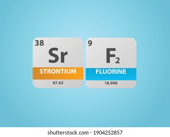 Strontium Fluoride SrF2 molecule. Simple molecular formula consisting of Strontium, Fluorine elements. Chemical compound simplified structure on blue background, for chemistry education 