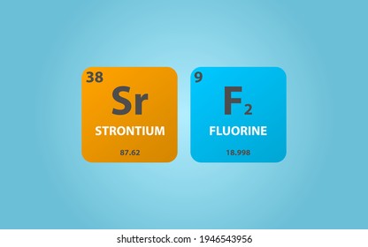 Strontium Fluoride SrF2 molecule. Simple molecular formula consisting of Strontium, Fluorine, elements. Chemical compound simplified structure on blue background, for chemistry education
