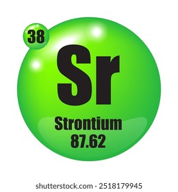 Ícone de estrôncio. Elemento químico Sr. Número atômico 38. Massa 87,62. Esfera verde.