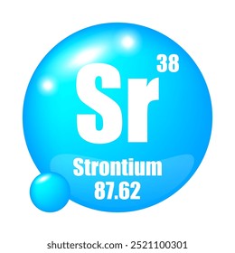 Ícone de estrôncio. Elemento químico Sr. Número atômico 38. Massa 87,62. Esfera azul.