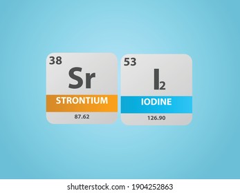 Strontium Iodide SrI2 molecule. Simple molecular formula consisting of Strontium, Iodine elements. Chemical compound simplified structure on blue background, for chemistry education 
