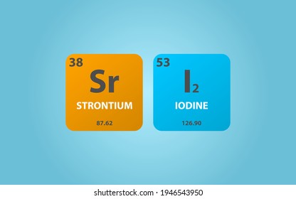 Strontium Iodide SrI2 molecule. Simple molecular formula consisting of Strontium, Iodine, elements. Chemical compound simplified structure on blue background, for chemistry education
