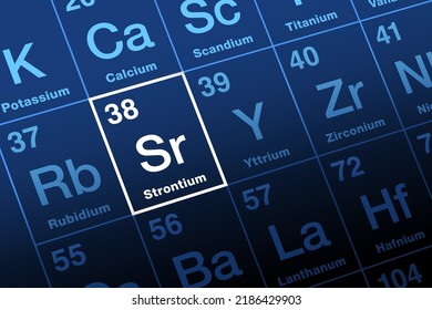 Strontium on periodic table of the elements. Alkaline earth metal and chemical element with atomic number 38 and symbol Sr, named after the Scottish village Strontian. Used as red color for fireworks.